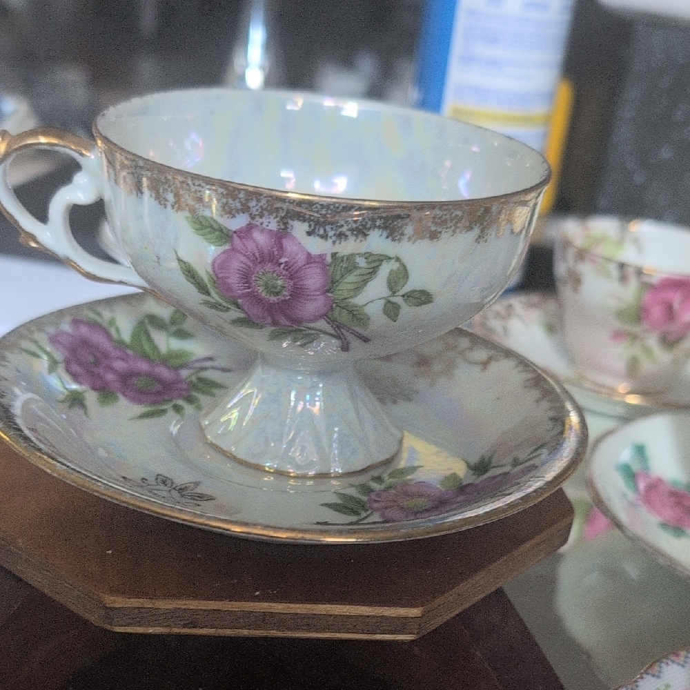 Floral Teacup and Saucer Set with Gold Trim